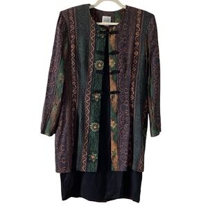 R & M Richards‎ Karen Kwong Dress Jacket Set Floral Paisley Black Brown Green M